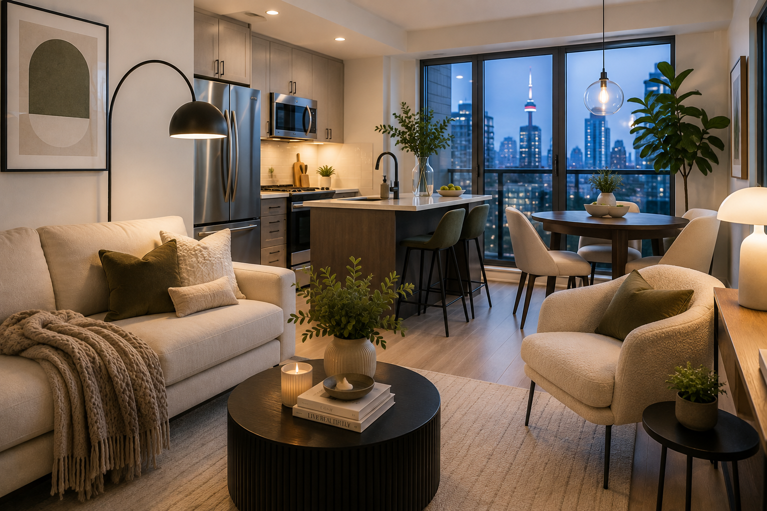 Modern staged condo living room with skyline view